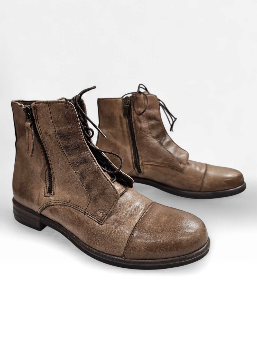 MANAS Women Distressed Brown Leather Cap Toe Lace Zip Ankle Boots 37/7